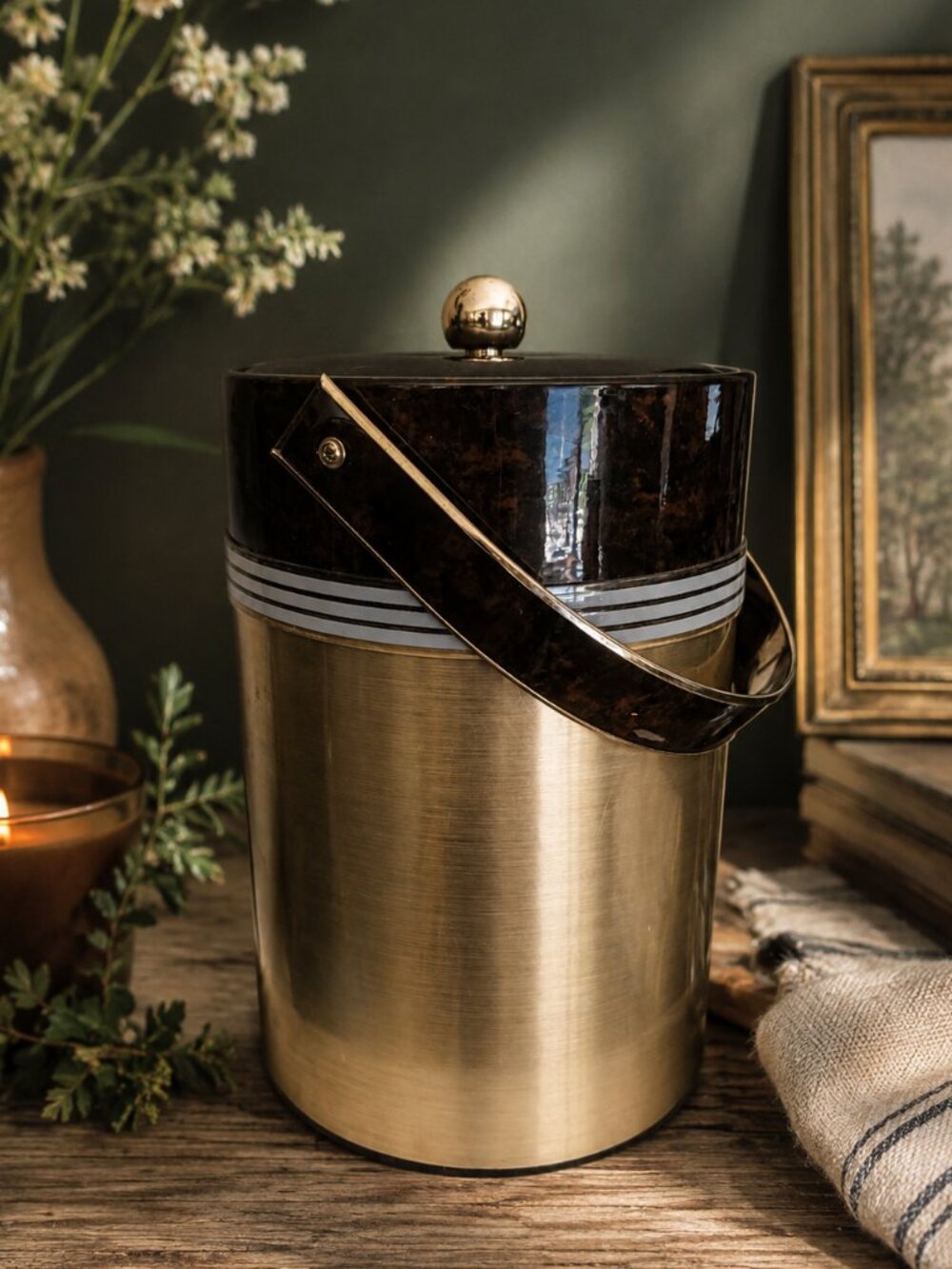 Vintage Signed Georges Briard MCM Ice Bucket | Faux Tortoiseshell & Gold Brass